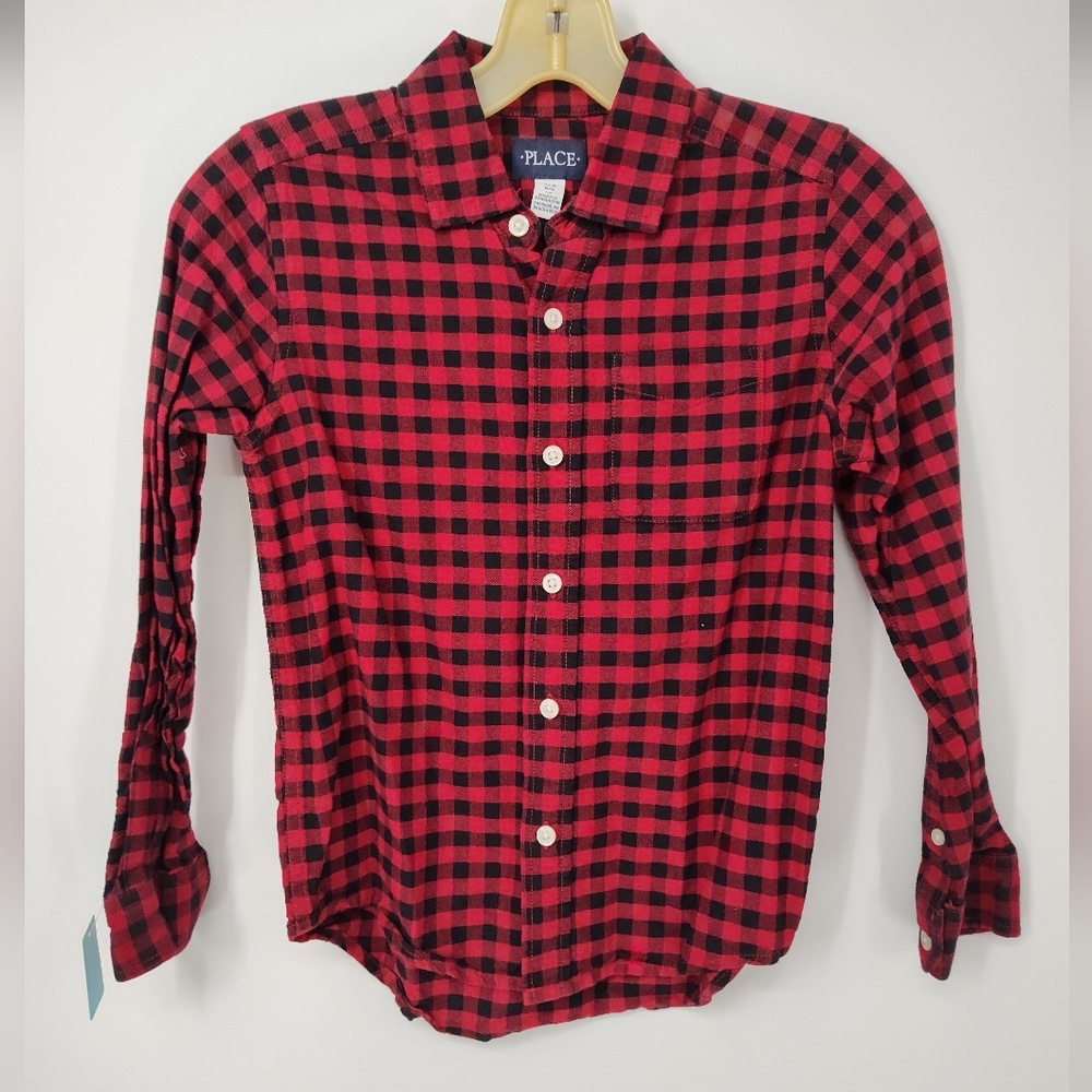 The Children's Place Red and Black Plaid Button-Down Shirt Size Kids M, 7/8